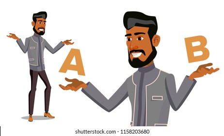 Arab Man Comparing A With B Vector. Balance Of Mind And Emotions. Client Choice. Compare Objects, Ways, Ideas.Isolated Flat Cartoon Illustration
