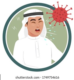 Arab man coughing or sneezing. Saudi muslim boy infected by corona virus, showing symptoms of covid19 coronavirus flu infection. Arab male feeling sick or ill.