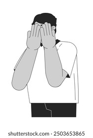 Arab man covering eyes depressed black and white 2D line cartoon character. Middle eastern guy hiding behind hands isolated vector outline person. Embarrassed monochromatic spot illustration
