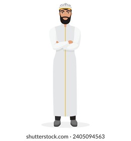 Arab man with crossed arms. Standing islamic man in traditional clothes cartoon vector illustration