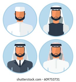 Arab man in different kinds of clothes. Traditional clothes and hats, business suit. Flat vector cartoon illustration. Objects isolated on a white background.