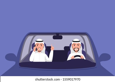 Arab man driving auto vector illustration. Muslim men in thawb sitting on front seat of vehicle and talking on phone. Traditional arabic countries male clothing, muslim businessmen in transport