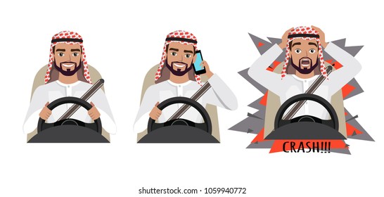 Arab man driving a car. man driving a car talking on the phone. The man had an accident. crash