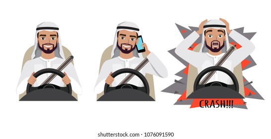 Arab man driving a car. man driving a car talking on the phone. The man had an accident. crash