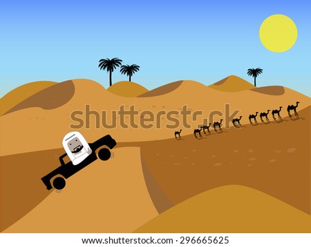 Arab man dune bashing in a middle eastern desert with date trees and camels in the background