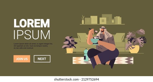 arab man eating fresh vegetable salad guy having dinner healthy nutrition concept living room interior