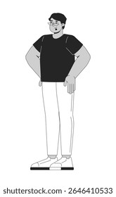 Arab man with eyeglasses standing confidently with hands on hips 2D line character. Glasses guy in black tshirt and white pants isolated vector ink outline person. Monochromatic spot illustration