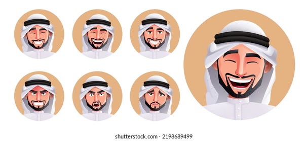 Arab man faces vector set design. Arabian characters in facial expression of happy, sad and angry isolated in white background for arabic people emotion collection. Vector illustration.
