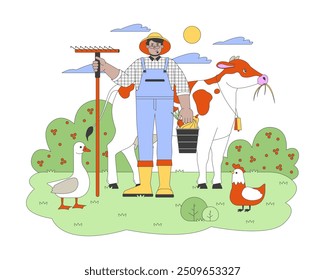 Homem árabe agricultor com rake e animais desenhos animados ilustração plana. Homem positivo que trabalha na criação de caráter 2D isolado em fundo branco. Imagem de cor do vetor da cena do estilo de vida do campo