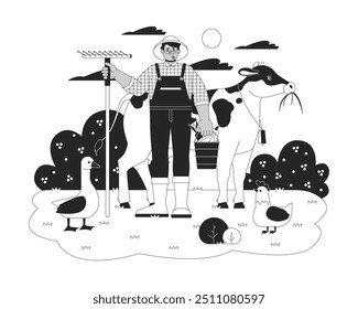 Hombre árabe agricultor con rastrillo y animales de dibujos animados ilustración de línea en blanco y negro. Varón positivo trabajando en la cría 2D carácter lineal aislado. Estilo de vida rural monocromo Vector contorno Imagen