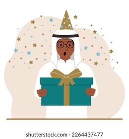 A arab man with a festive cap holds a large gift box with a bow. Vector flat illustration