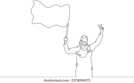 Arab man with a flag in his hands. Muslim with a banner. Islamic flag. A man holds a flag. One continuous line drawing.Linear. Hand drawn,white background.