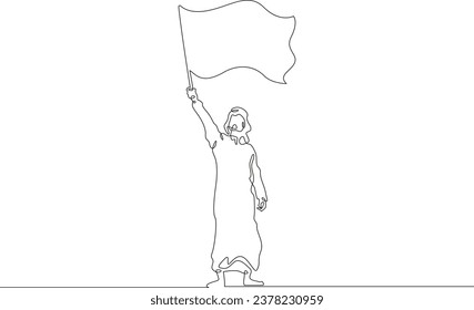 Arab man with a flag in his hands. Muslim with a banner. Islamic flag. A man holds a flag. One continuous line drawing.Linear. Hand drawn,white background.