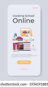 arab man food blogger preparing turkey and watching video tutorial with arabic chef in web browser window online cooking school concept vertical copy space vector illustration