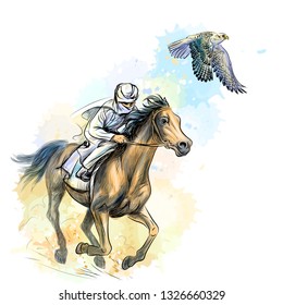 
Arab man gallops a horse hunting with a falcon. Vector sketch drawn image with watercolor splashes on white background