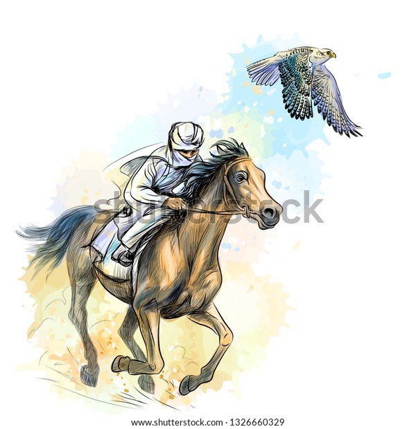 Arab Man Gallops Horse Hunting Falcon Stock Vector Royalty