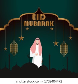 Ein arabischer Mann, der ein Eid-Grüße gibt. Eid Mubarak grüßt Karte Vektordesign. Islamische Linien-Kunst-Illustration mit islamischem Hintergrund