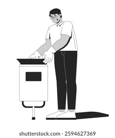 Arab man in gloves removing trash bag from waste bin 2D line character. Cleanup duty, garbage handling. Sanitation worker male isolated vector ink outline person. Monochromatic spot illustration