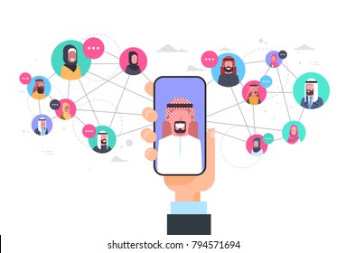 Arab Man Hand Holding Smart Phone Network Communication Concept Group Of Arabic People Connection Flat Vector Illustration