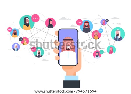 Arab Man Hand Holding Smart Phone Network Communication Concept Group Of Arabic People Connection Flat Vector Illustration