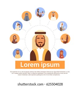 Arab Man Having Connection With Muslim People Chat Media Communication Social Network Flat Vector Illustration