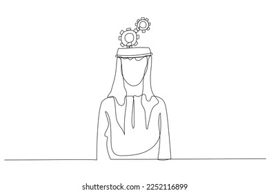 la cabeza del hombre árabe tiene el concepto de engranaje cognitivo de la inteligencia humana. Estilo de arte de una sola línea
