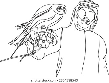 Arab Man Holding Eagle: One Line Sketch Cartoon Vector Clip Art, Arab Man with Eagle One Line Sketch, Eagle and Culture, Falconry Connection