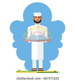Arab man holding a holy book in his hands. Teaching of the world religions. Cartoon flat vector illustration. Objects isolated on a white background.
