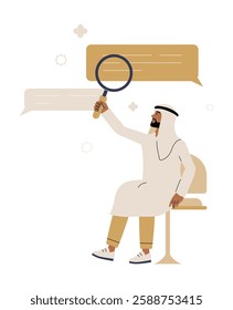 Arab Man Holding Magnifying Glass In Flat Vector Illustration Symbolizing Search, Investigation, Online Research, And Information Discovery, Isolated On White Background