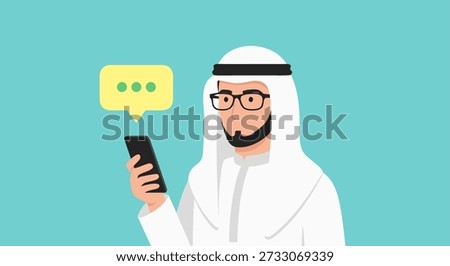 Arab man holding smartphone with chat bubble icon on blue background
