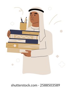 Arab Man Holding A Stack Of Books And Office Supplies In Flat Vector Illustration Symbolizing Education, Learning, And Knowledge, Isolated On White Background
