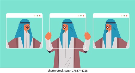 arab man holding web browser windows with different masks guy covering face emotions fake feeling depression mental disorder concept portrait horizontal vector illustration