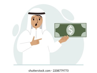 A arab man holds a large paper bill in his hand. The concept of income, expense, earning or spending money. Vector flat illustration