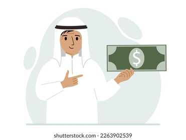 A arab man holds a large paper bill in his hand. The concept of income, expense, earning or spending money. Vector flat illustration