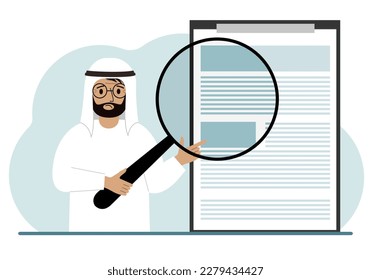 A arab man holds a magnifying glass and examines a document, contract or agreement. The concept of a lawyer, businessman, or attorney at work. Vector flat illustration