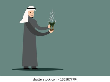 An arab man holds  a traditional incense burner called Mabhkara which is still used in the Arab World and in Turkey. Editable Clipart.