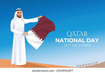 Arab man hosting Qatar flag on National Day celebration, A Qatari civilian raises their country's flag in the Arabian Peninsula of the Middle East desert in commemoration of unification on Qatar 