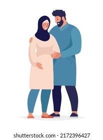 Arab man hugging a pregnant woman in hijab, pregnancy in a muslim couple. Maternity and parenthood icon, flat cartoon vector illustration isolated.