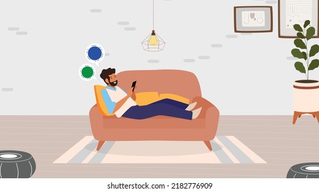 Arab man illustration character lying on the couch - checking social media accounts 