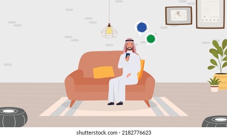 Arab man illustration character sitting  - checking social media accounts 