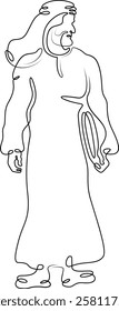 Arab man at laptop. Muslim with computer.Line drawing.Single isolated lines. Ink doodle.