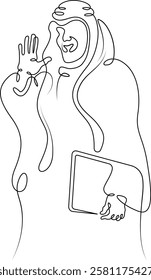 Arab man at laptop. Muslim with computer.Line drawing.Single isolated lines. Ink doodle.