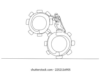 arab man leader use magnifying glass analyze cog wheels problem concept problem fix. Single line art style