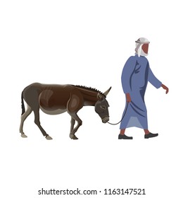 Arab man leading donkey. Vector illustration isolated on white background