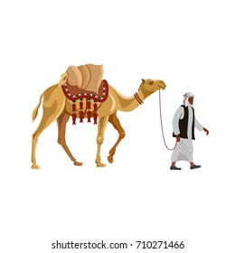 Arab man leading laden camel. Vector illustration isolated on white background