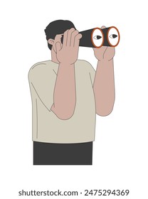 Arab man looking in binoculars 2D linear cartoon character. Middle eastern male with optical device isolated line vector person white background. Observation color flat spot illustration