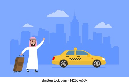 arab man with lugage catch a taxi