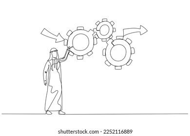 arab man make cogwheels work effective and efficient for best result concept of workflow management. One line art style