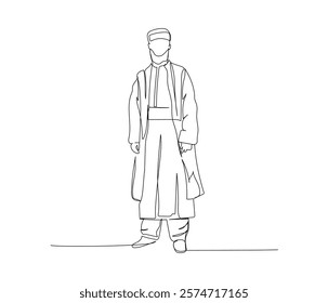 Arab man in national dress one line art. Continuous line drawing of online Muslims, Islam, traditions, clothing, folk, oriental.