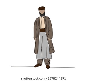 Arab man in national dress one color line art. Continuous line drawing of online Muslims, Islam, traditions, clothing, folk, oriental.